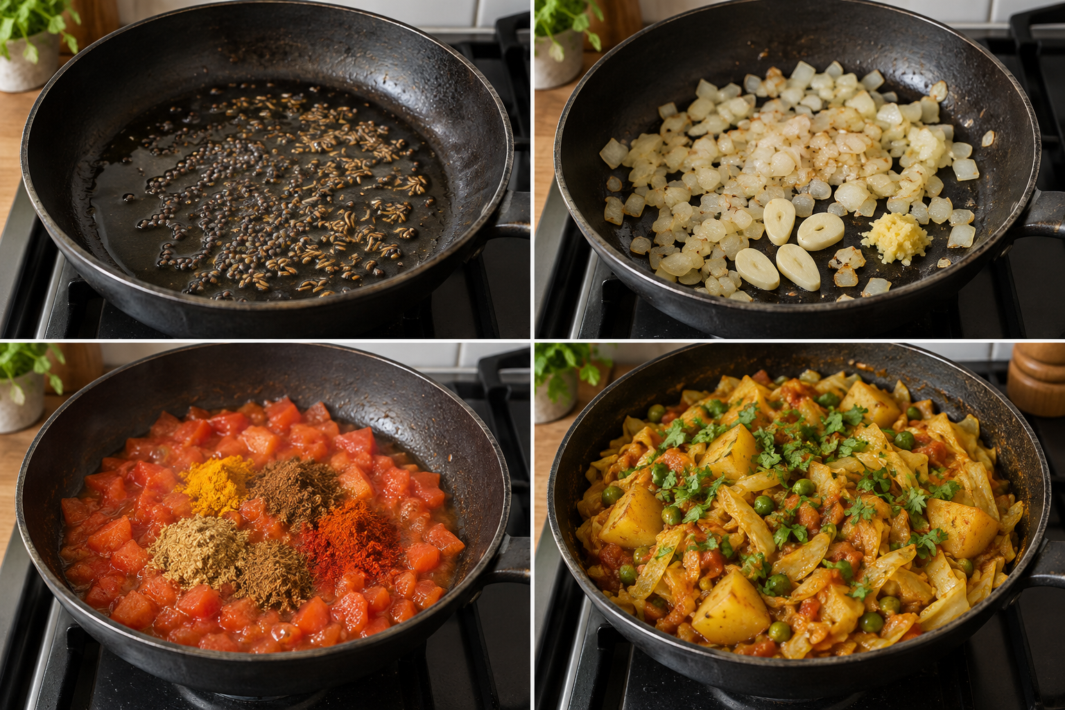 Vier Zubereitungsphasen für würziges Weißkohlcurry