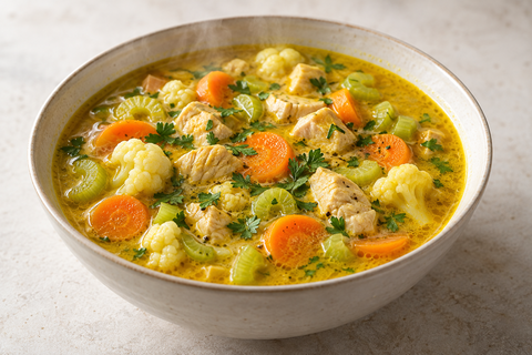 Goldene Hühnersuppe mit Huhn, Karotten, Sellerie, Blumenkohl und Petersilie