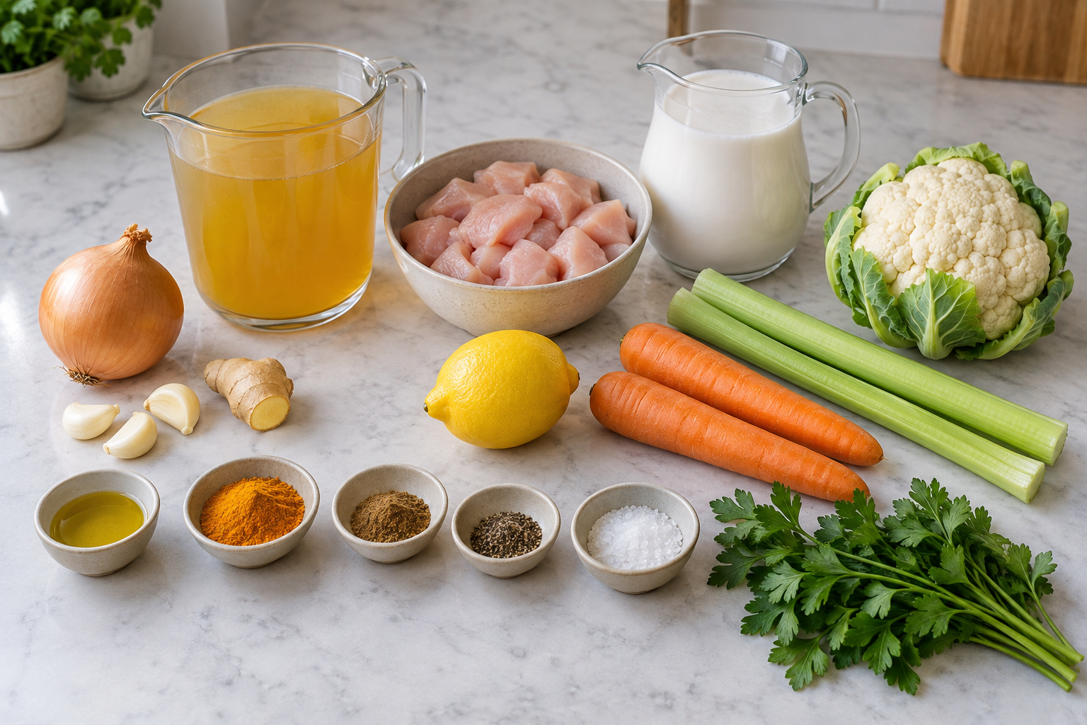 Sechzehn Zutaten für goldene Hühnersuppe mit Kurkuma, Gemüse, Huhn und Kokosmilch