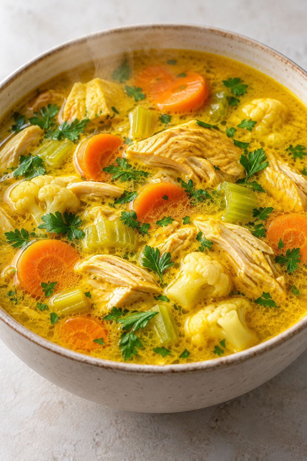 Goldene Hühnersuppe mit Kurkuma, Huhn, Gemüse und Petersilie