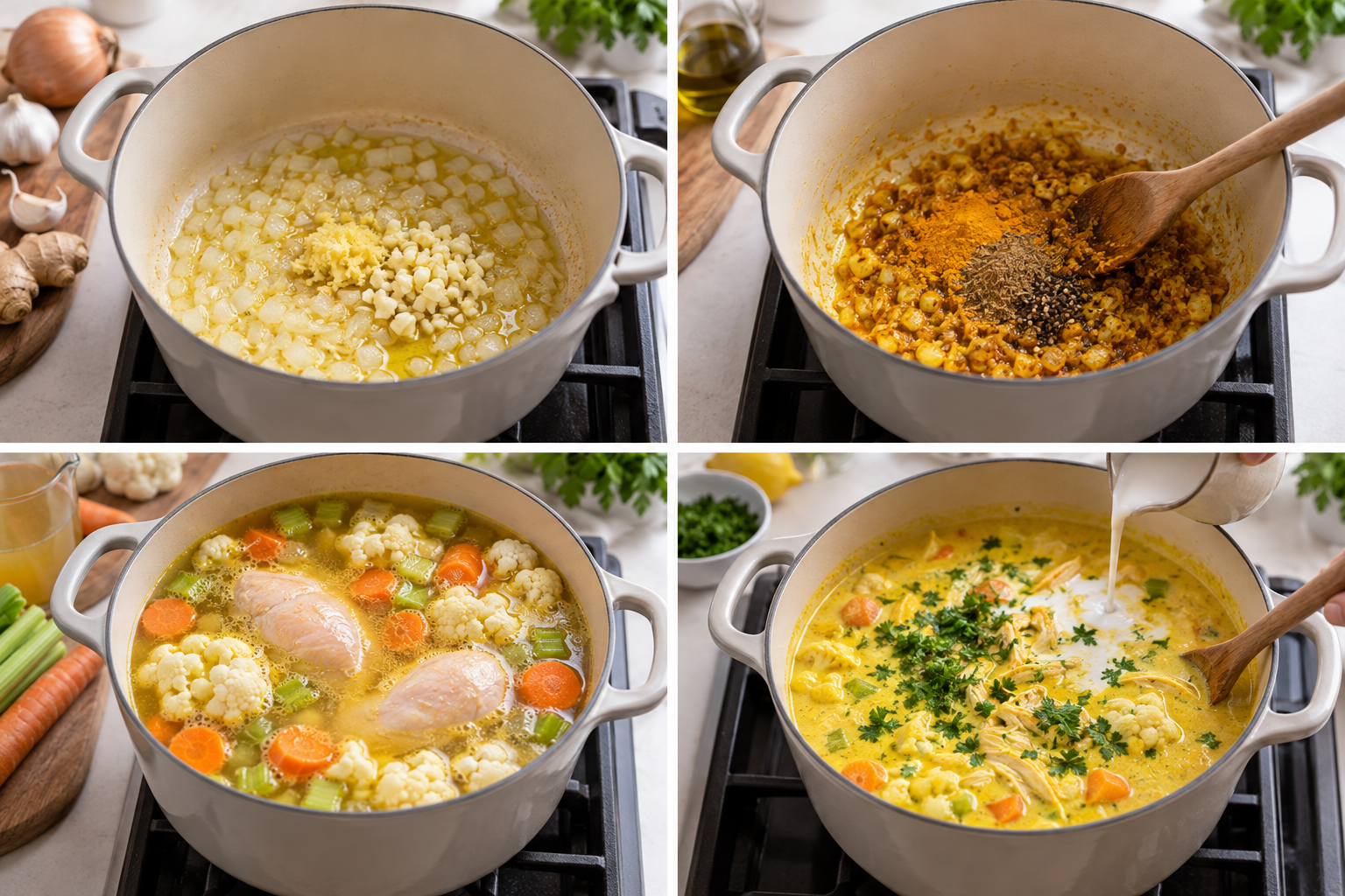 Vier Zubereitungsphasen für goldene Hühnersuppe mit Kurkuma