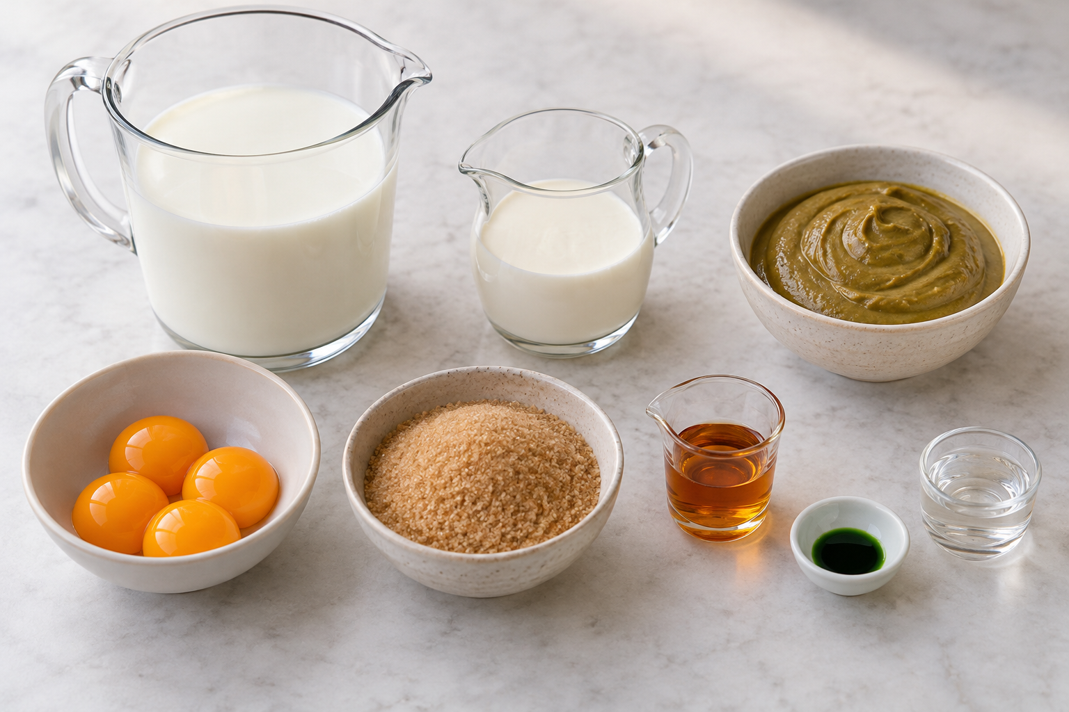 Milch, Sahne, Pistazienmus, Amaretto, vier Eigelb, Rohrzucker, Lebensmittelfarbe und Glycerin