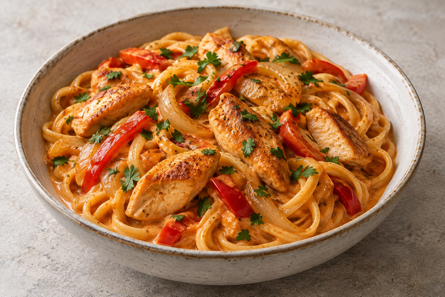 Cremige Spaghetti mit gebräuntem Hähnchen, roter Paprika und Zwiebel