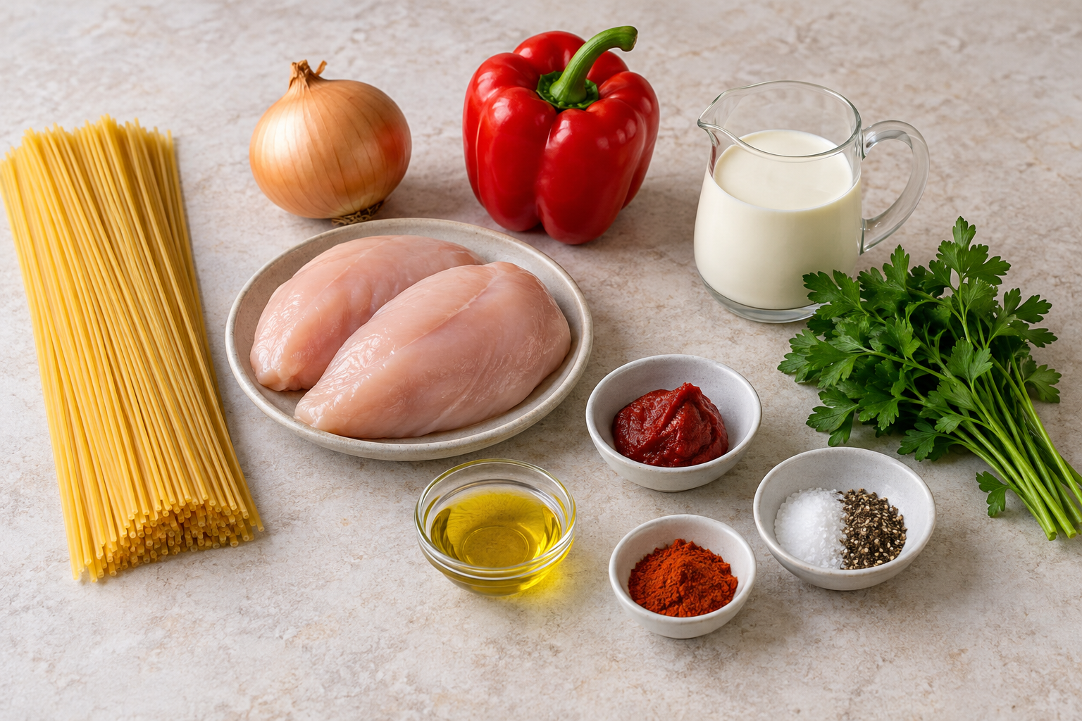 Zutaten für Spaghetti mit Hähnchen in Paprikasauce