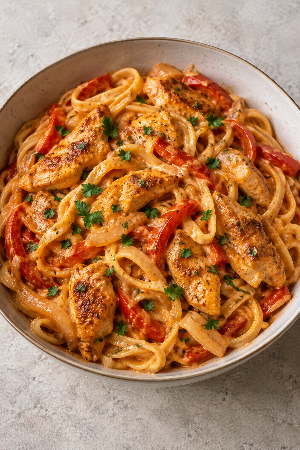 Spaghetti mit Hähnchen und Paprika in cremiger Sauce im Hochformat