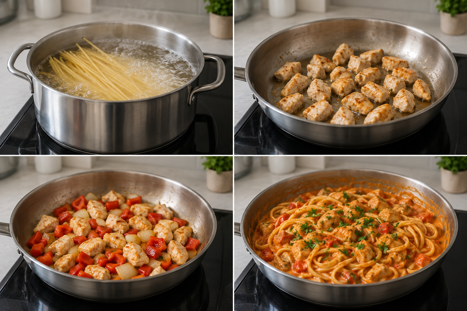 Vier Zubereitungsmomente für Hähnchen-Paprika-Pasta