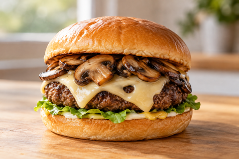 Schweizer Pilz-Burger mit geschmolzenem Käse und gebräunten Champignons
