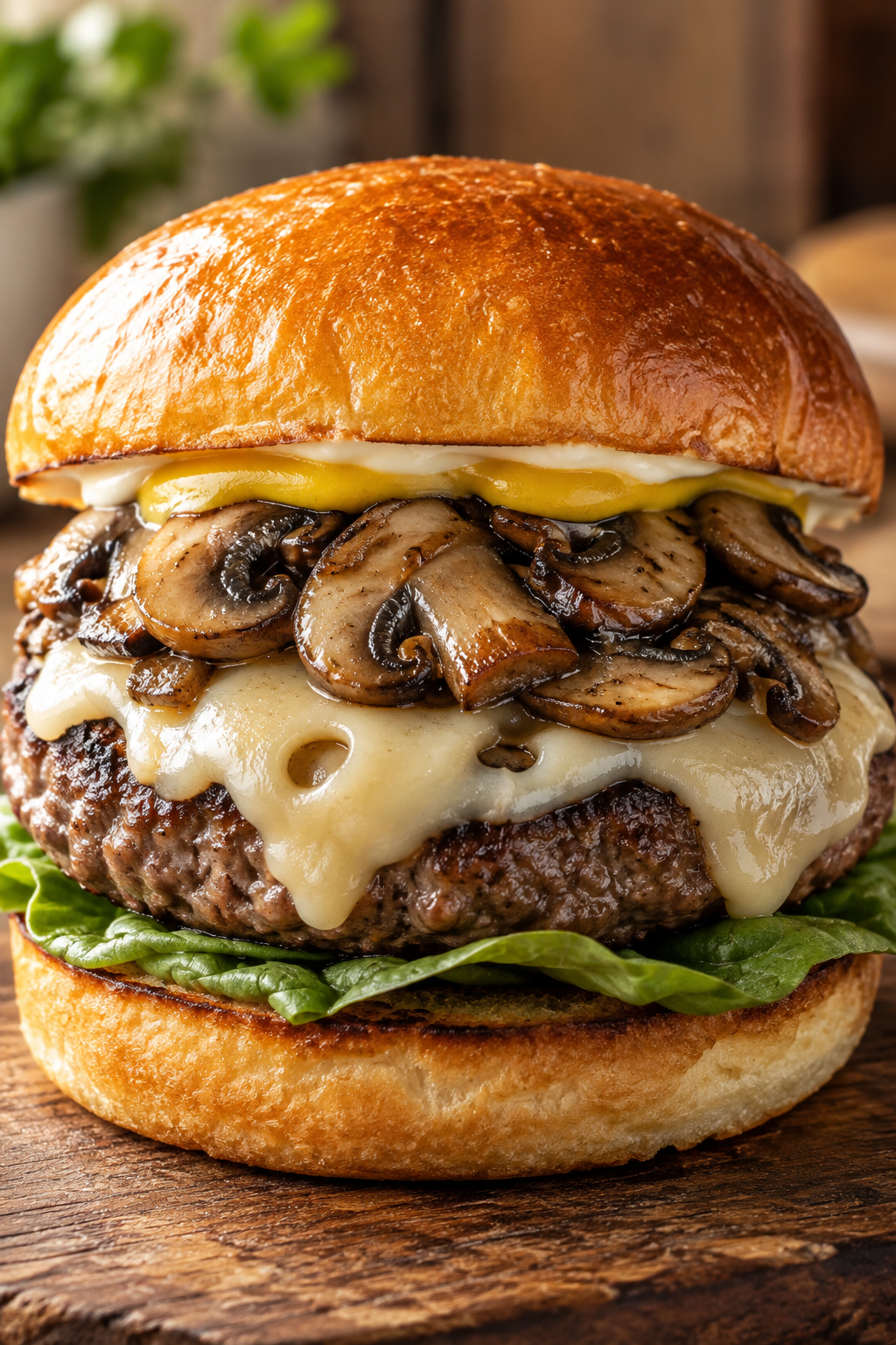 Schweizer Pilz-Burger mit Käse und Champignons im Hochformat