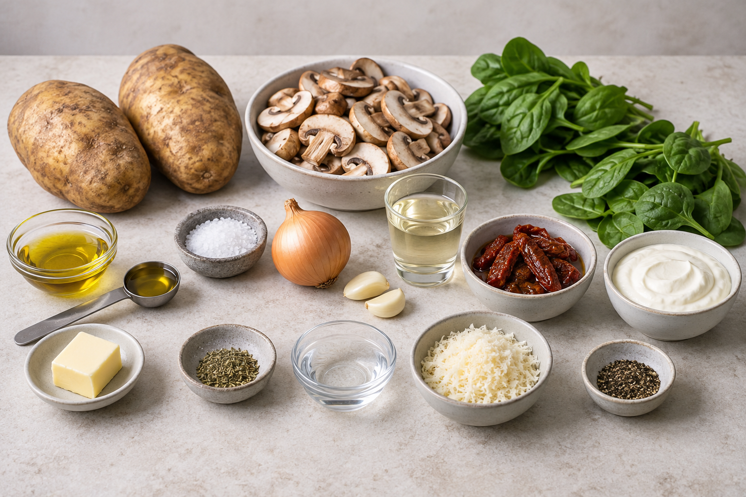 Zutaten für gefüllte Ofenkartoffeln mit Pilzen und Spinat