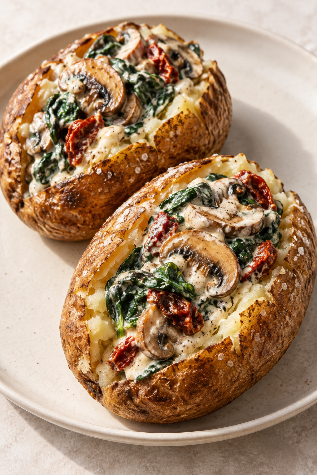 Gefüllte Ofenkartoffeln mit Champignons, Spinat und getrockneten Tomaten