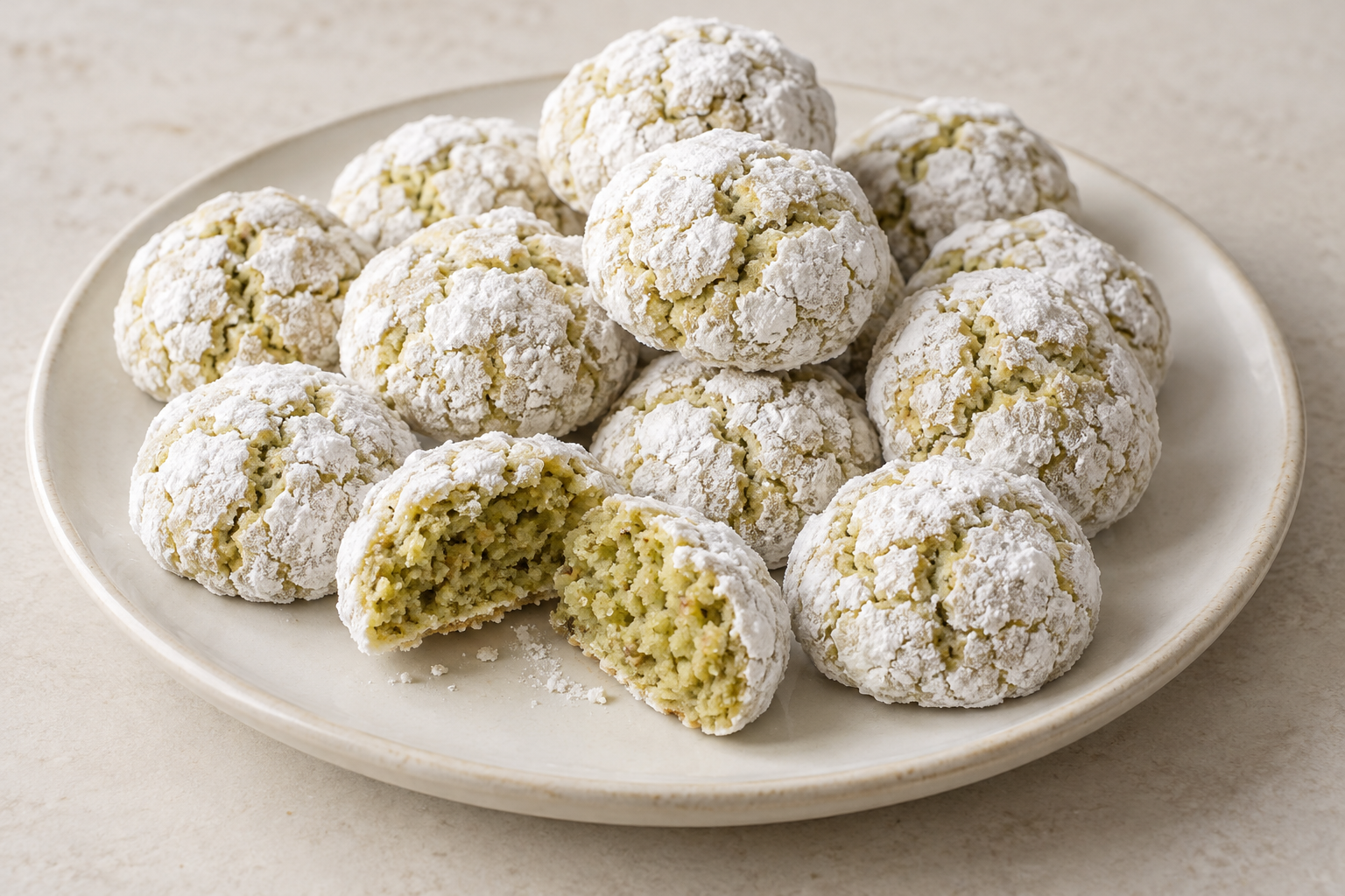 Weiche glutenfreie Pistazienplätzchen mit Puderzuckerkruste