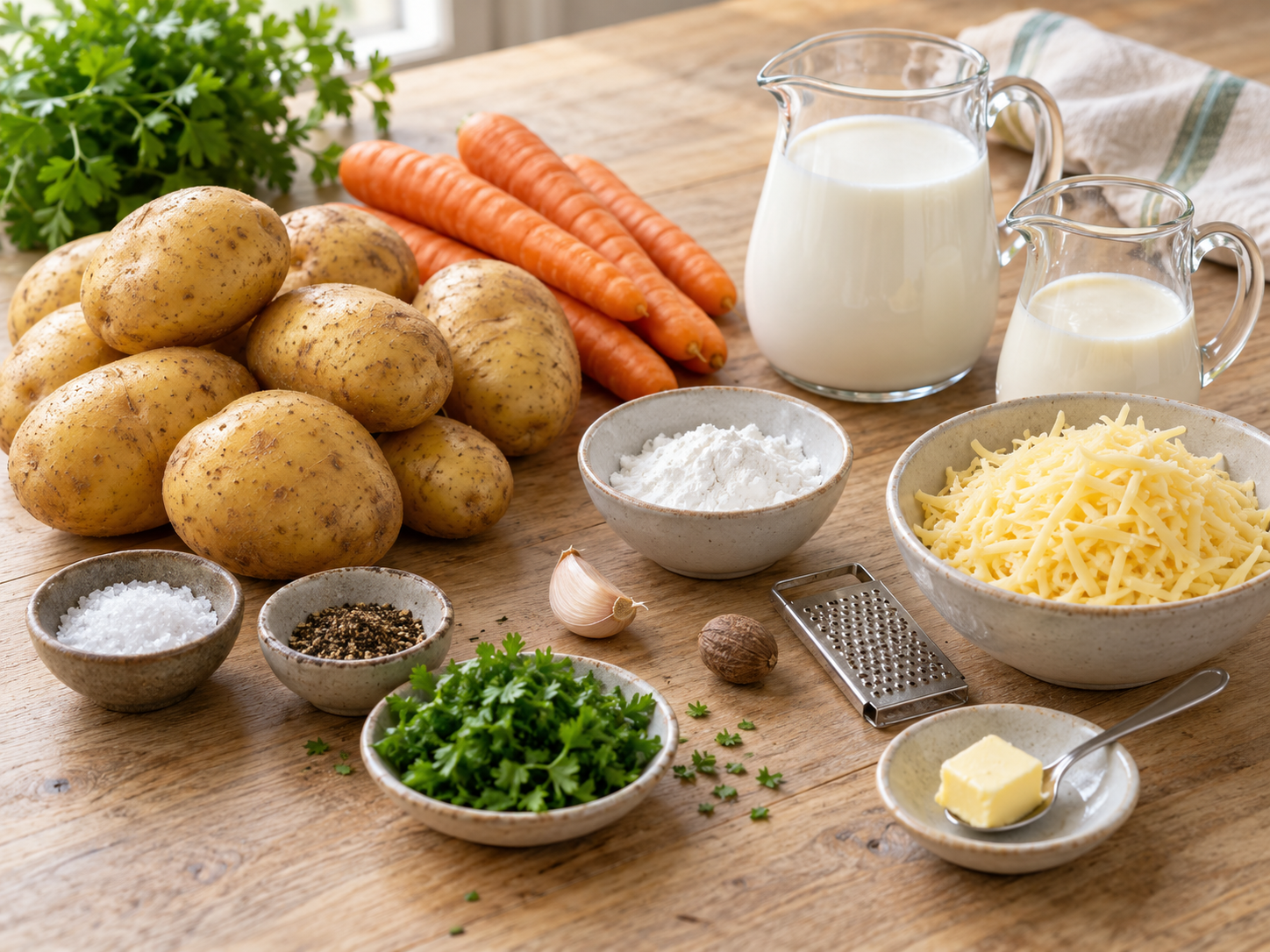 Zutaten für Kartoffel-Möhren-Auflauf mit Käse