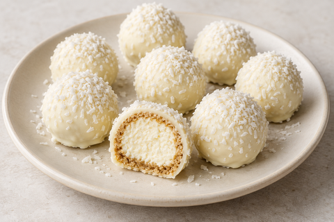 Käsekuchen-Kugeln mit weißer Schokolade, Kokos und cremigem Kern