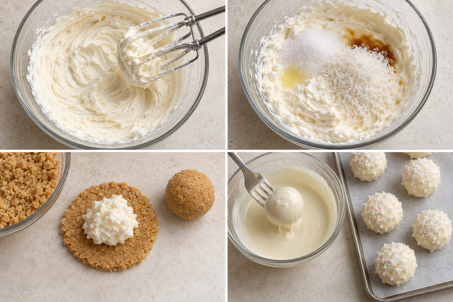 Zubereitung der Käsekuchen-Kugeln vom Frischkäse bis zum Kokos-Topping