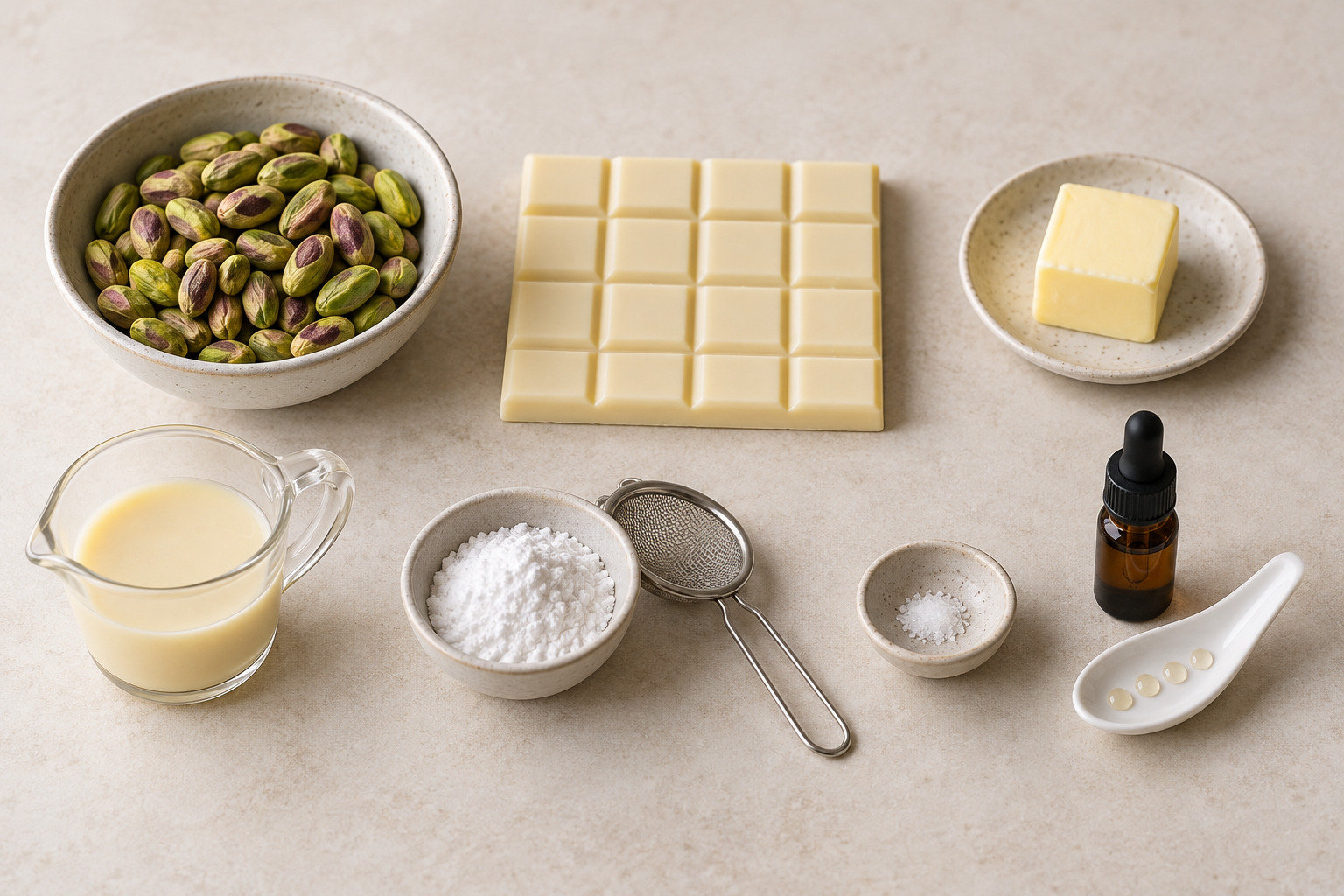 Zutaten für Pistaziencreme mit weißer Schokolade und Kondensmilch