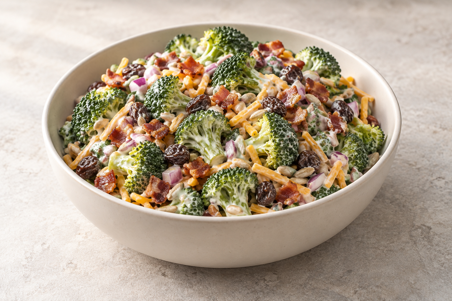 Knackiger Amish-Brokkolisalat mit Speck, Cheddar, Rosinen und Sonnenblumenkernen