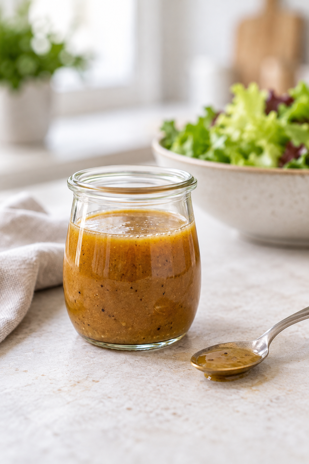 Honig-Senf-Dressing mit Balsamico in einem kleinen Glas