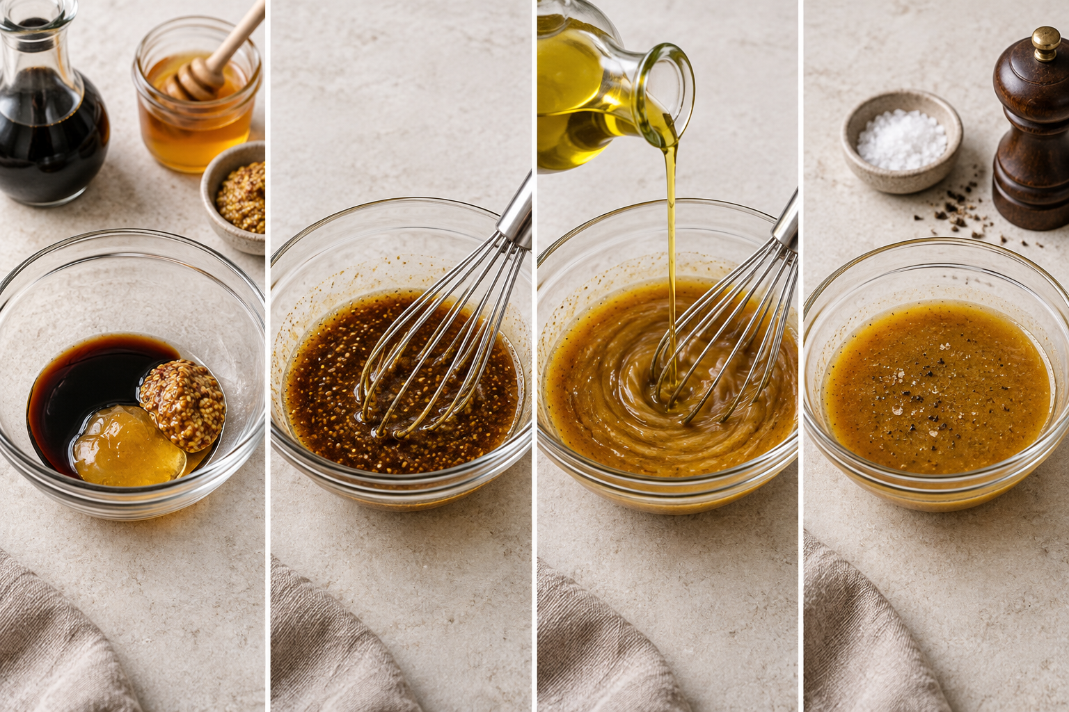 Vier Zubereitungsschritte für Honig-Senf-Dressing
