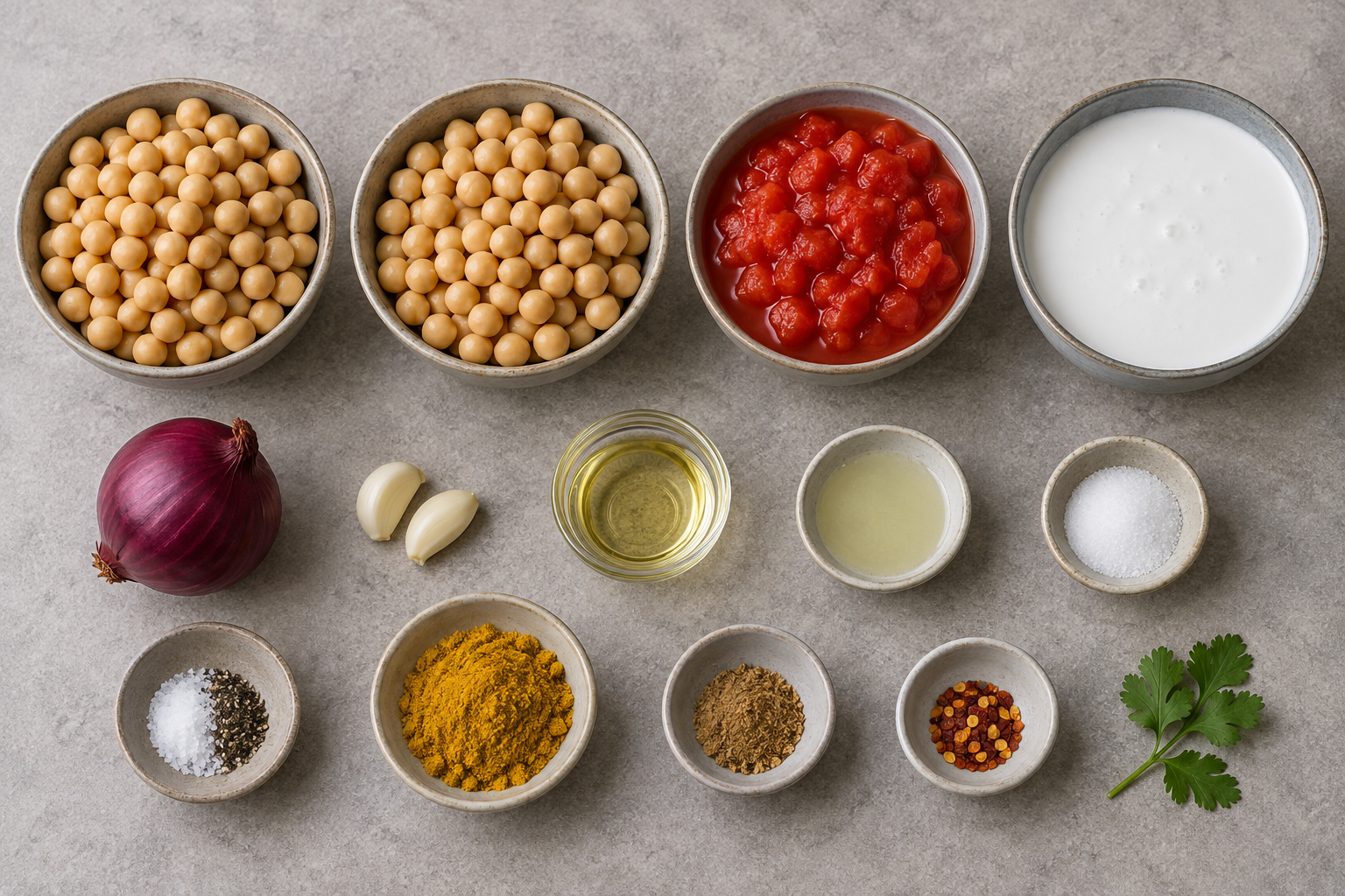 Zutaten für cremiges Kichererbsen-Curry