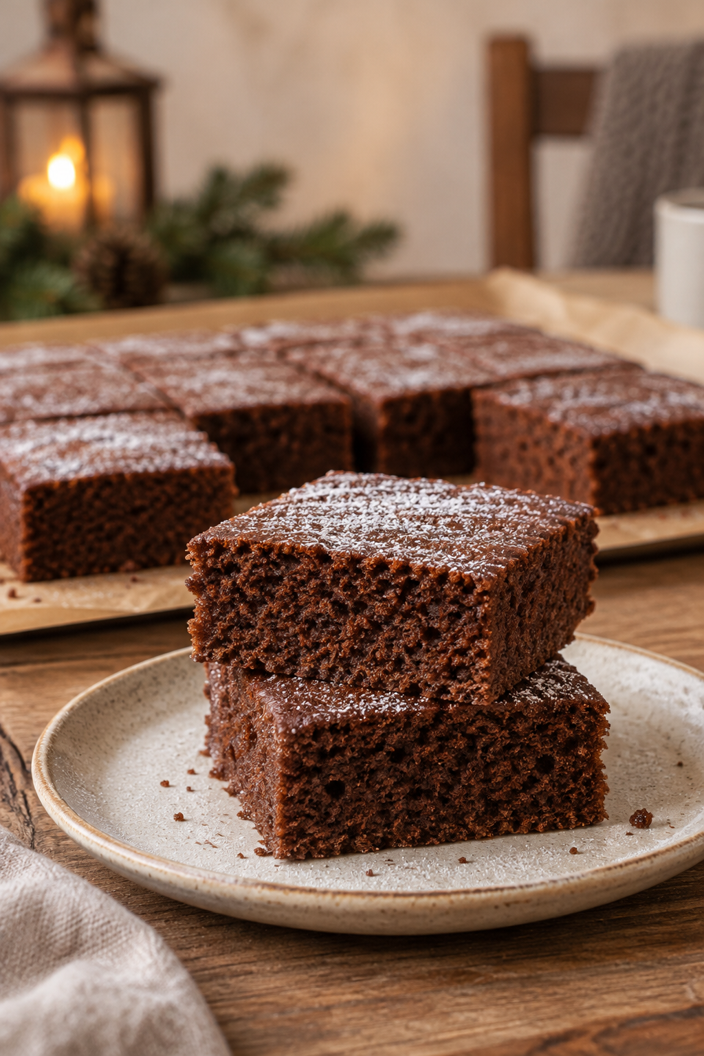 Saftige Stücke veganer Schoko-Lebkuchen in Hochformat
