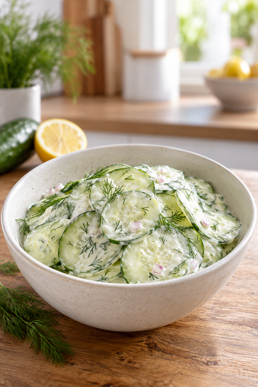 Frischer cremiger Gurkensalat mit Dill im Hochformat