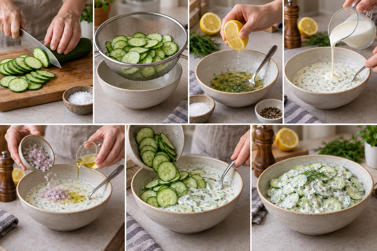 Sieben Schritte für cremigen Gurkensalat mit Dill