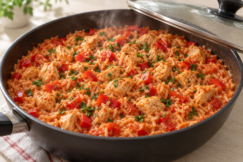 Hähnchen mit Paprikareis, roter Paprika und Petersilie