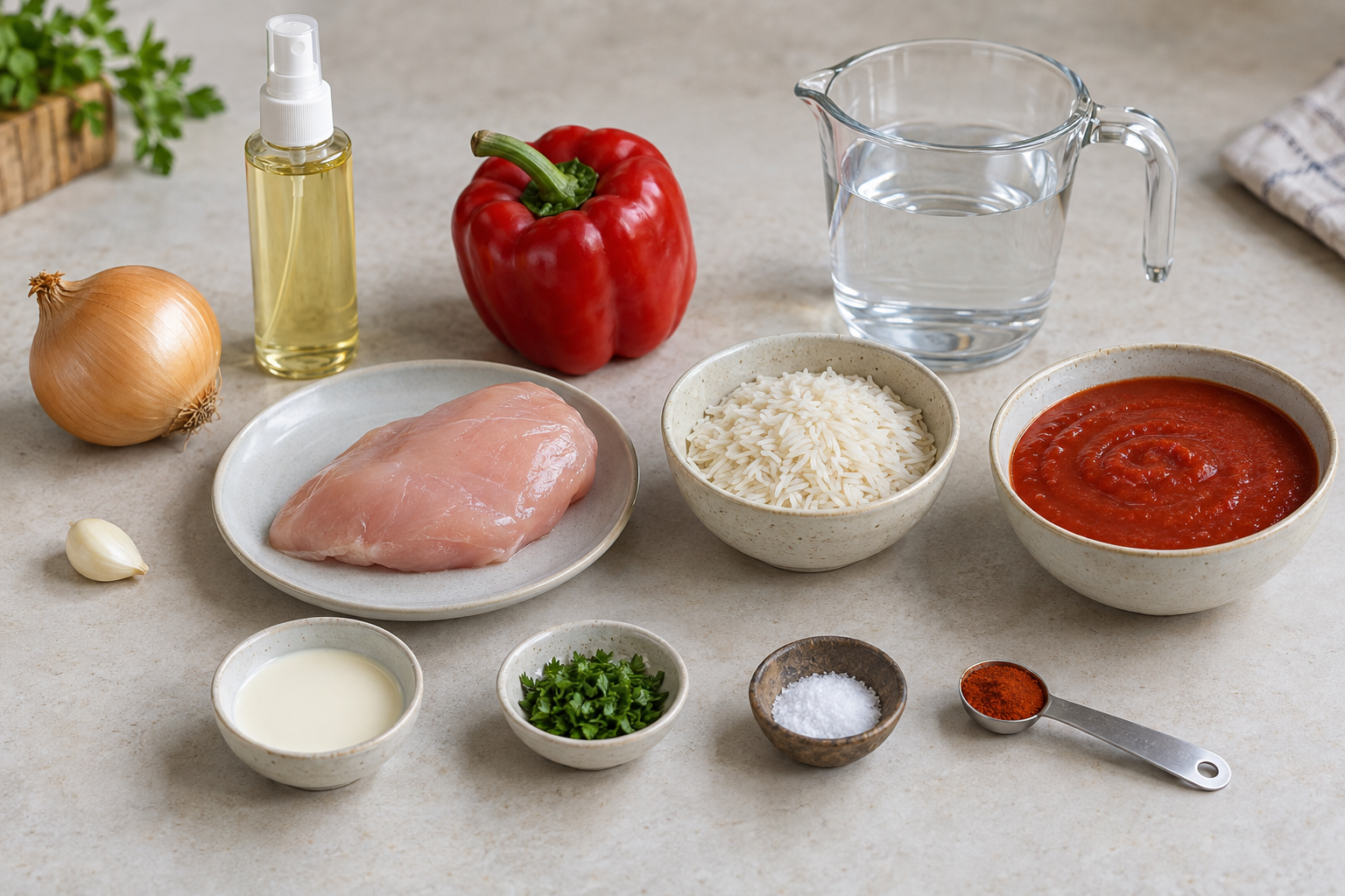 Zwölf Zutaten für Hähnchen mit Paprikareis