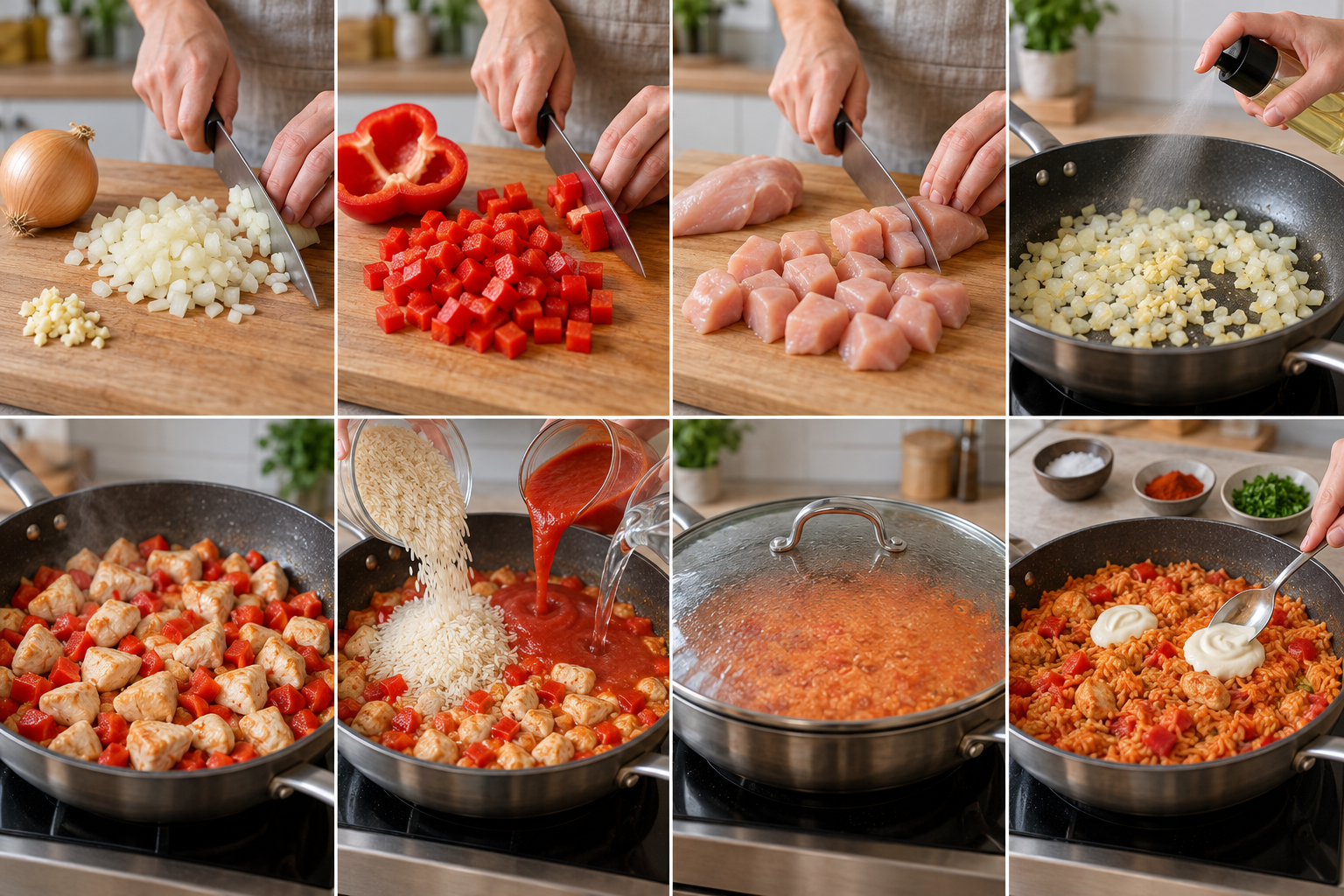 Acht Zubereitungsschritte für Hähnchen mit Paprikareis