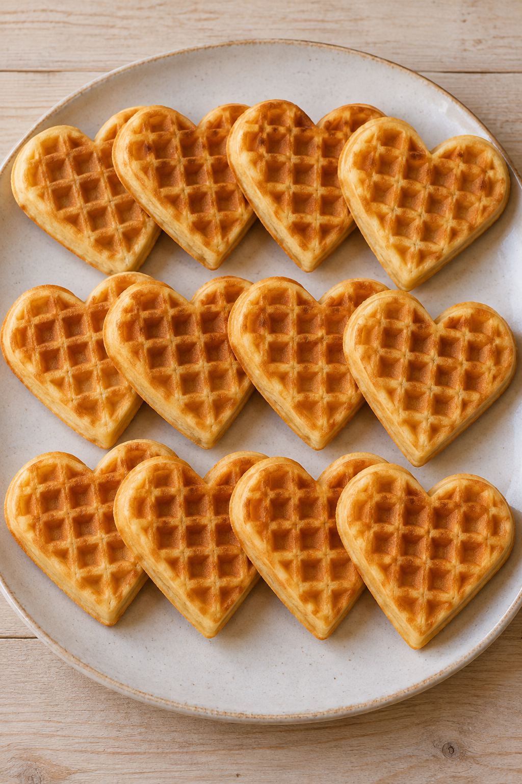 Zwölf goldbraune Herzwaffeln im Hochformat