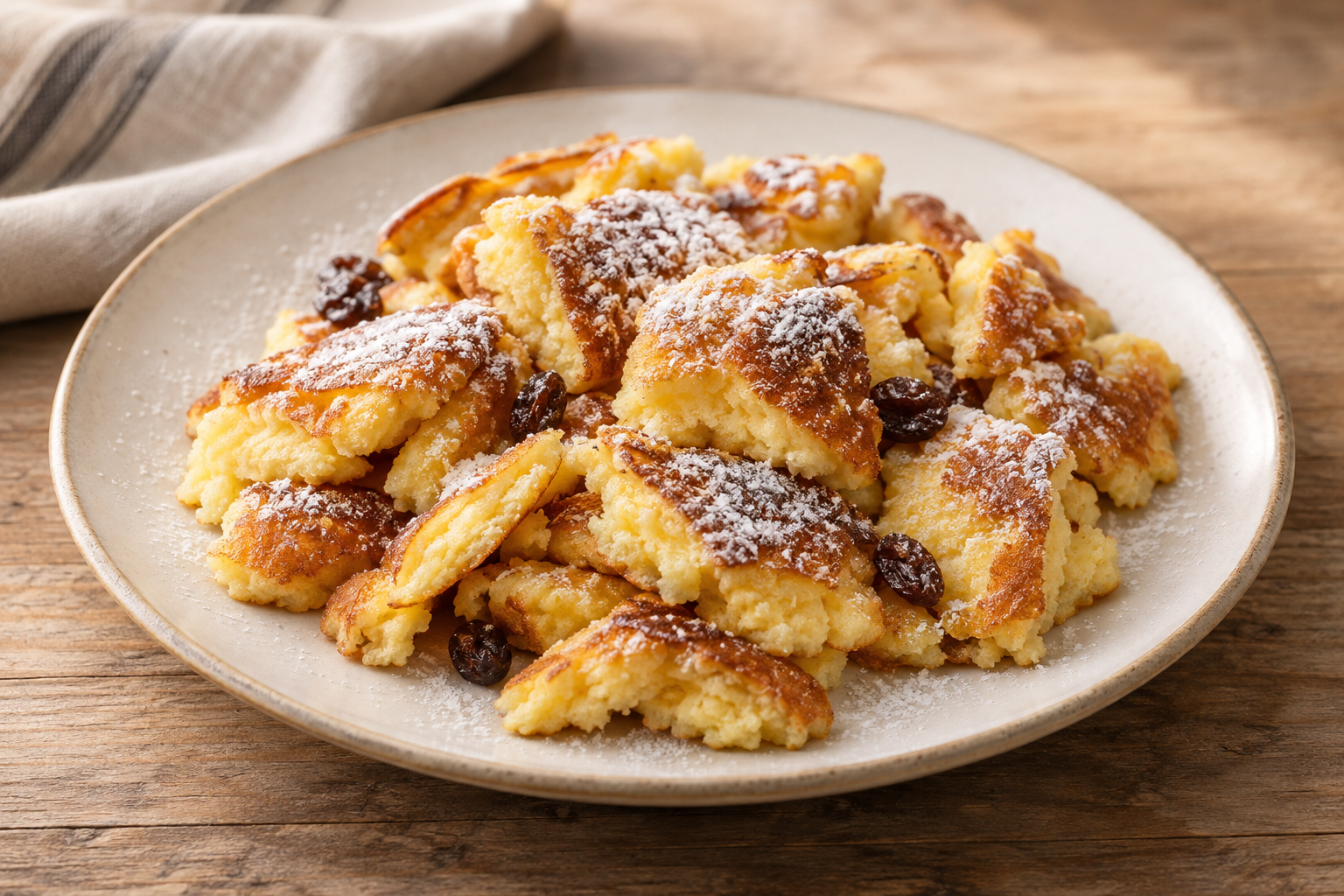 Fluffiger Kaiserschmarrn mit Puderzucker und Rosinen auf einem hellen Teller