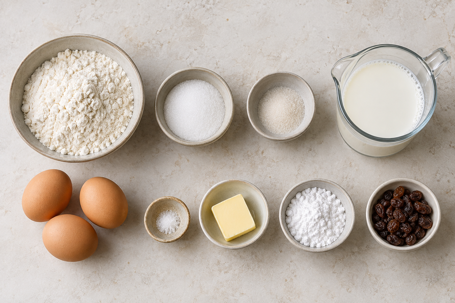 Abgemessene Zutaten für fluffigen Kaiserschmarrn mit drei Eiern und Rosinen