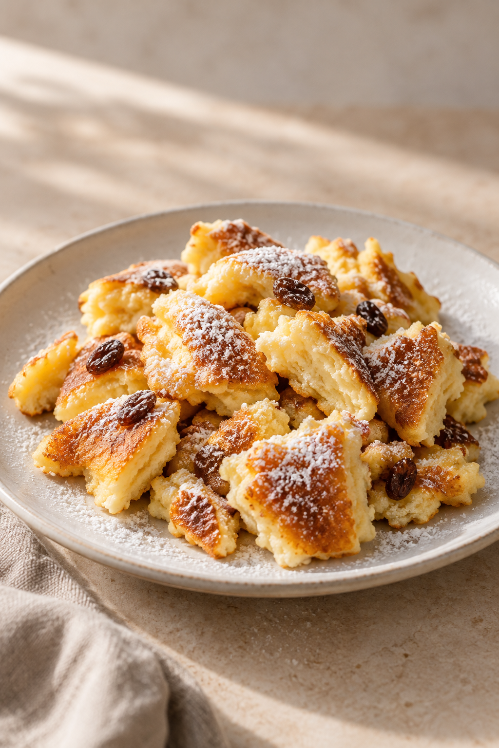 Goldbrauner Kaiserschmarrn mit Puderzucker und wenigen Rosinen im Hochformat