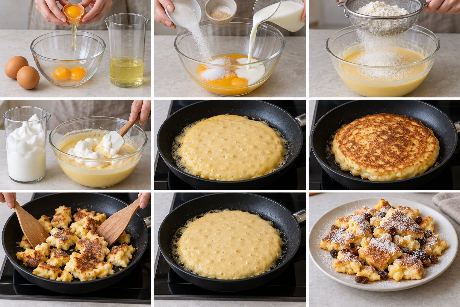 Kaiserschmarrn in neun Schritten vom Eiertrennen bis zum Anrichten