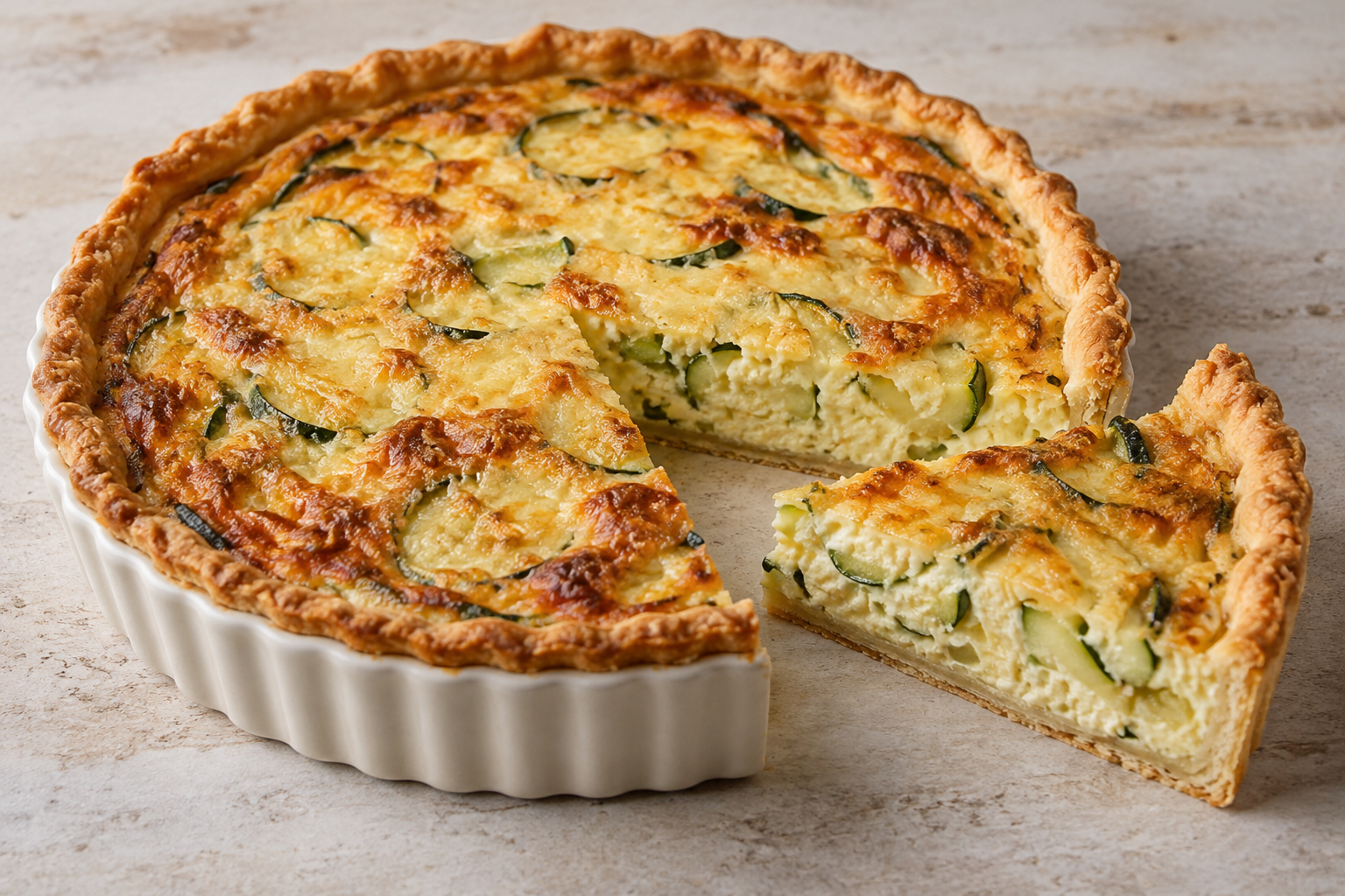 Goldbraune Zucchiniquiche mit Mürbeteig und cremiger Füllung