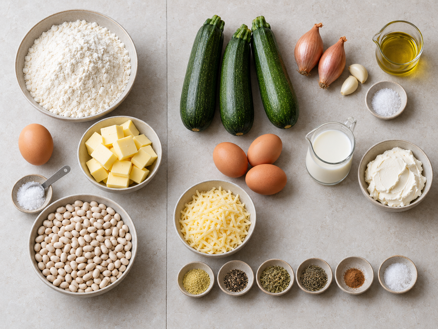 Zutaten für Zucchiniquiche mit getrennten Eiern und Blindbackgewichten
