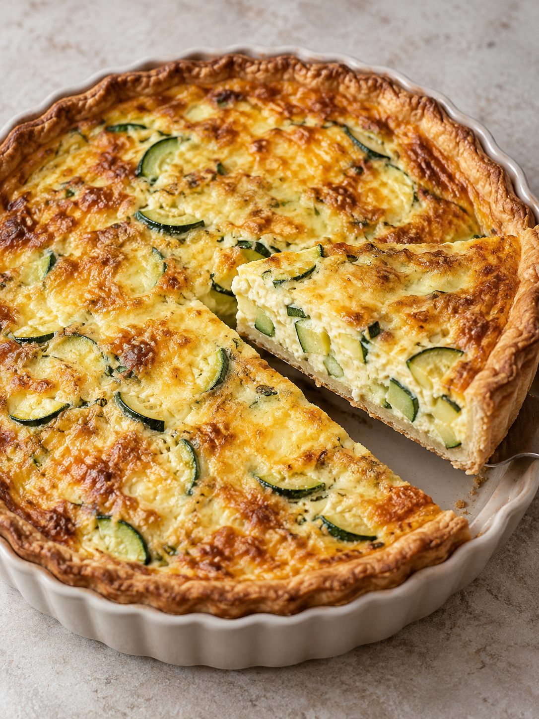 Goldbraune runde Zucchiniquiche mit angehobenem Stück
