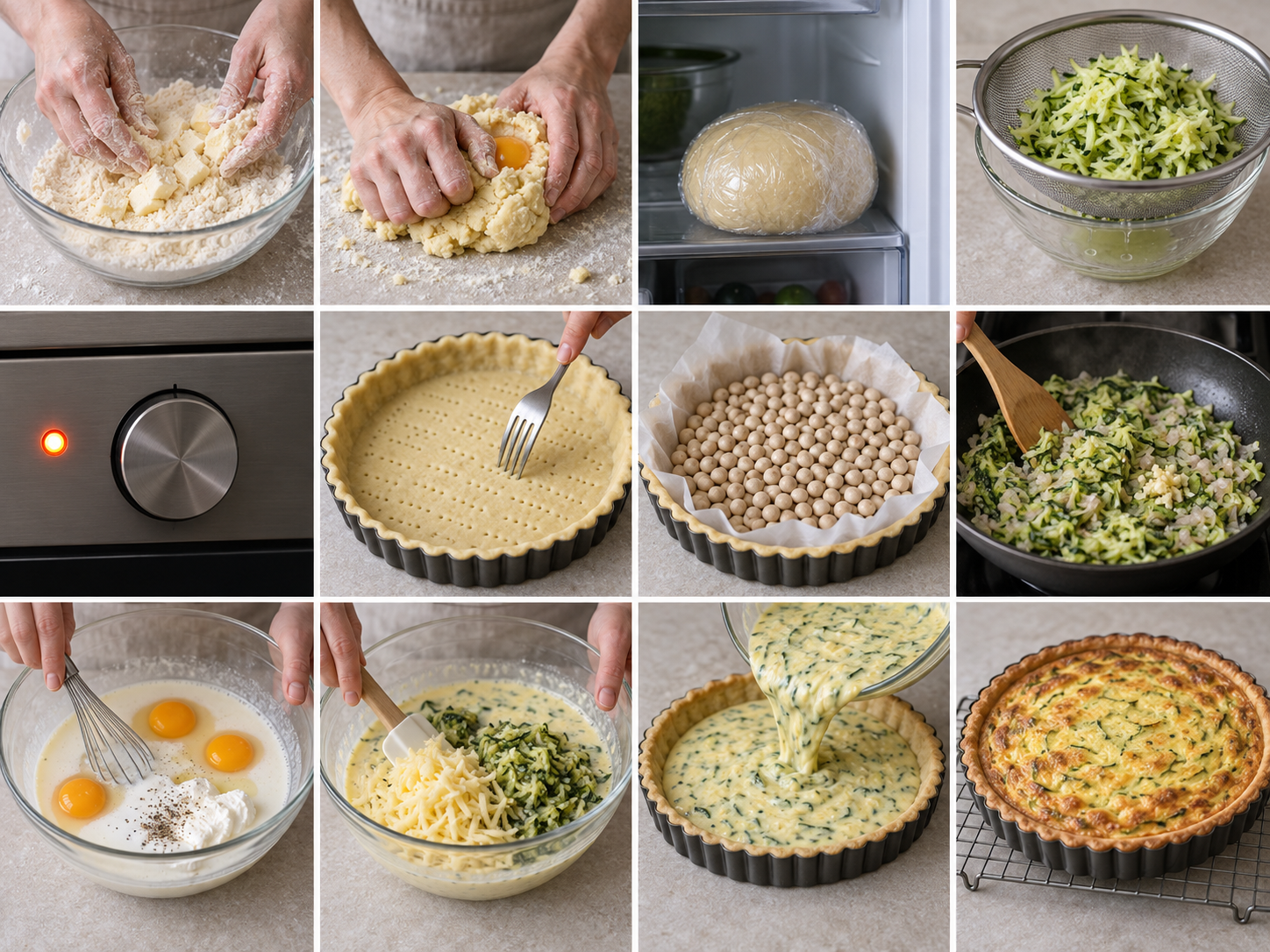Zwölf Schritte für Zucchiniquiche vom Teig bis zur fertigen Quiche