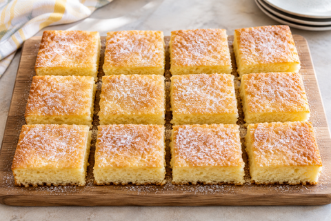 Zwölf Stücke saftiger Zitronenkuchen vom Blech