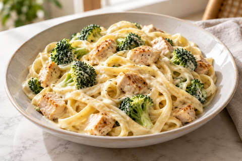 Cremige Alfredo-Fettuccine mit Hähnchen und Brokkoli