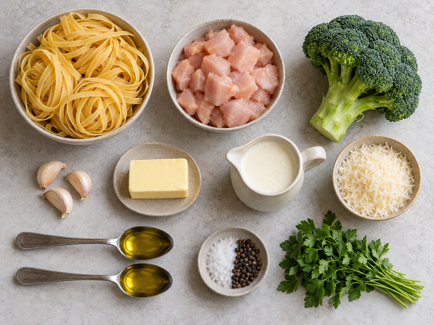 Zehn Zutaten für cremige Hähnchen-Alfredo-Pasta