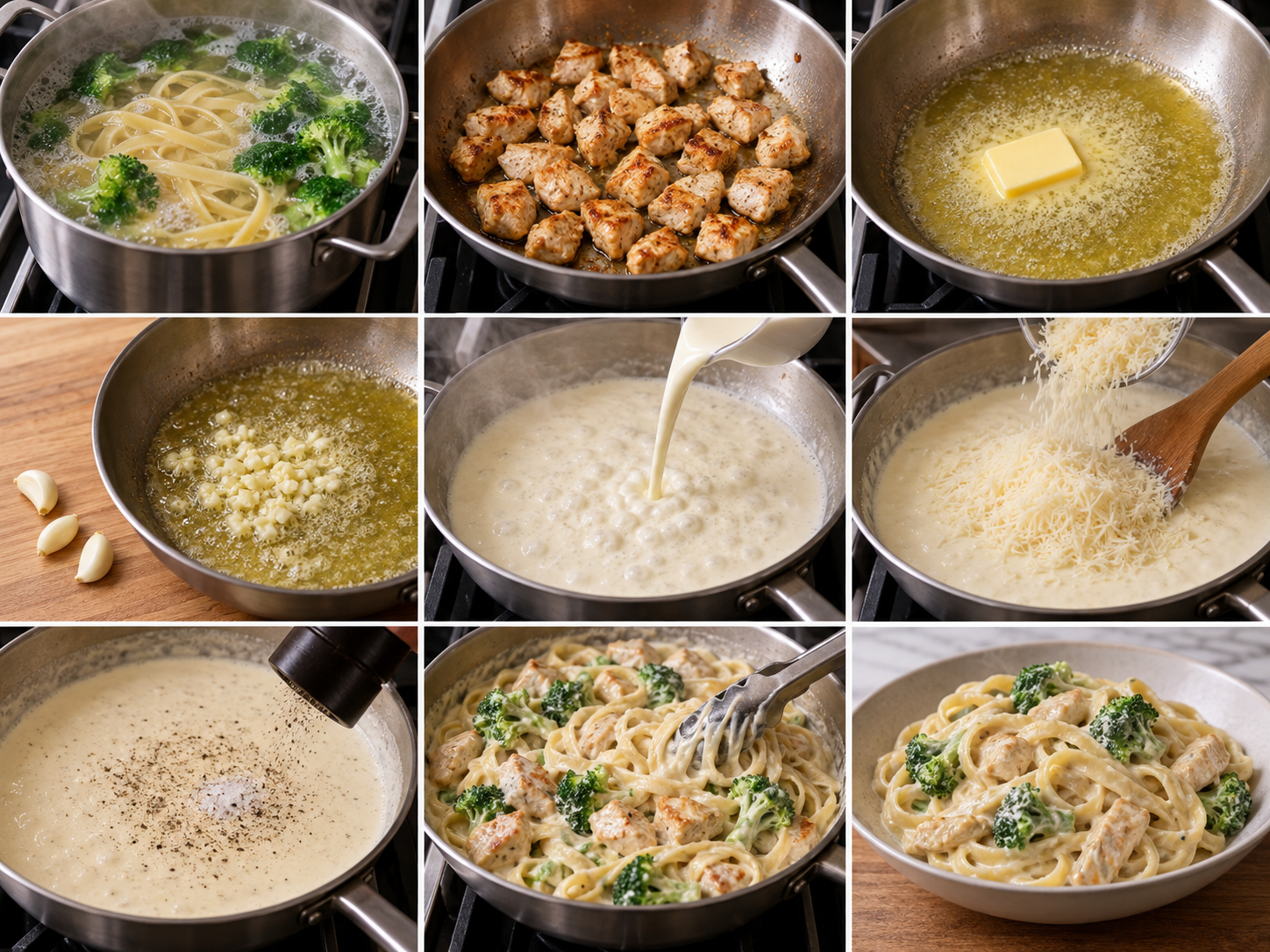 Zubereitung von Alfredo-Pasta mit Hähnchen in neun Schritten