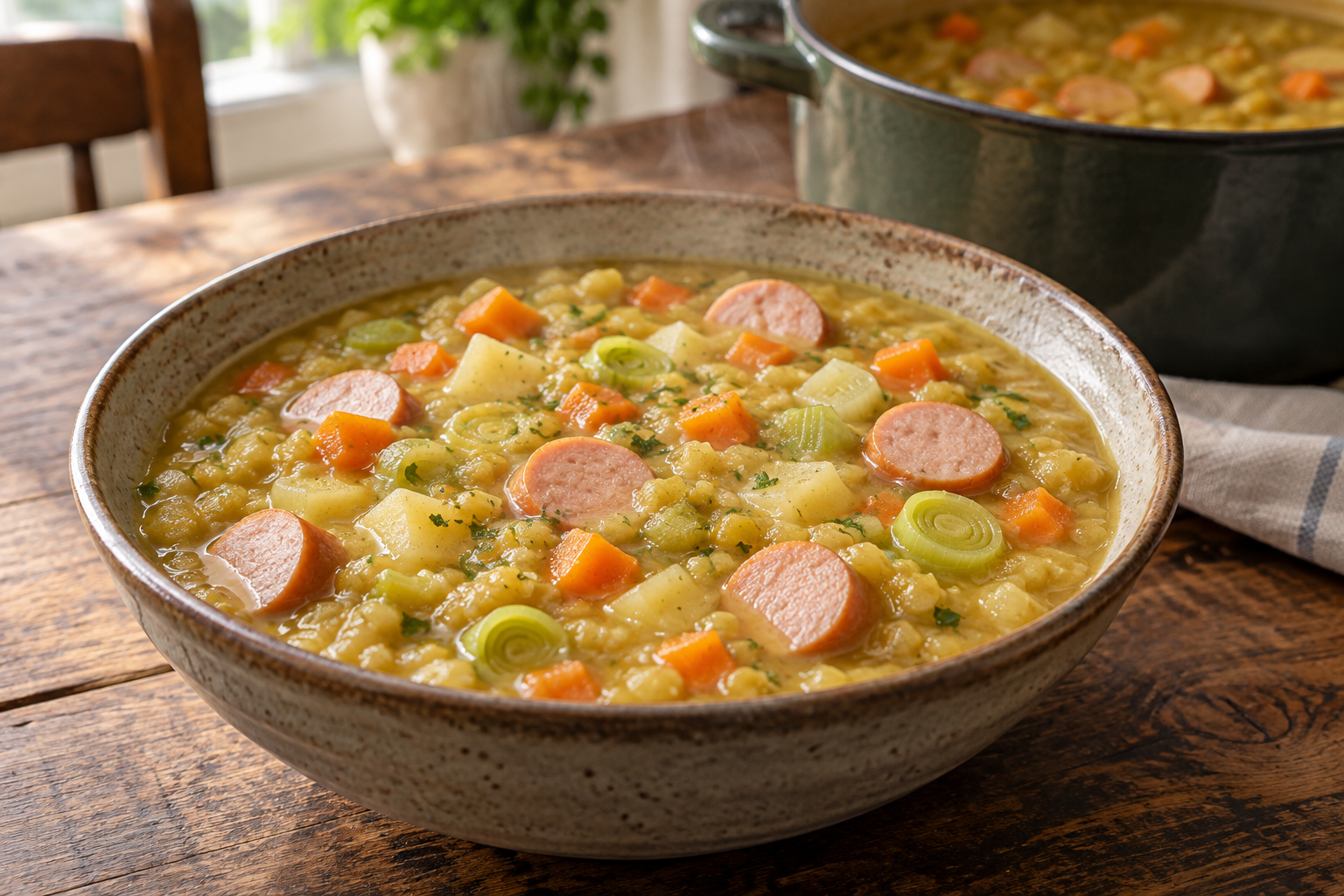 Deftige gelbe Schälerbsensuppe mit Kartoffeln, Suppengemüse und Wiener Würstchen
