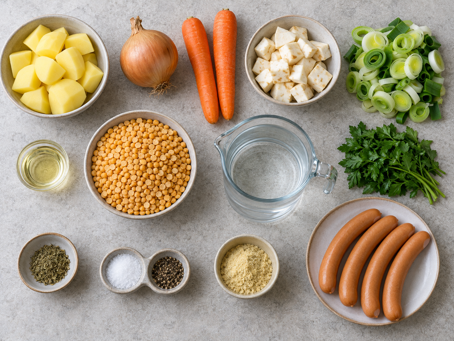 Alle dreizehn Zutaten für klassische Schälerbsensuppe mit vier Wiener Würstchen