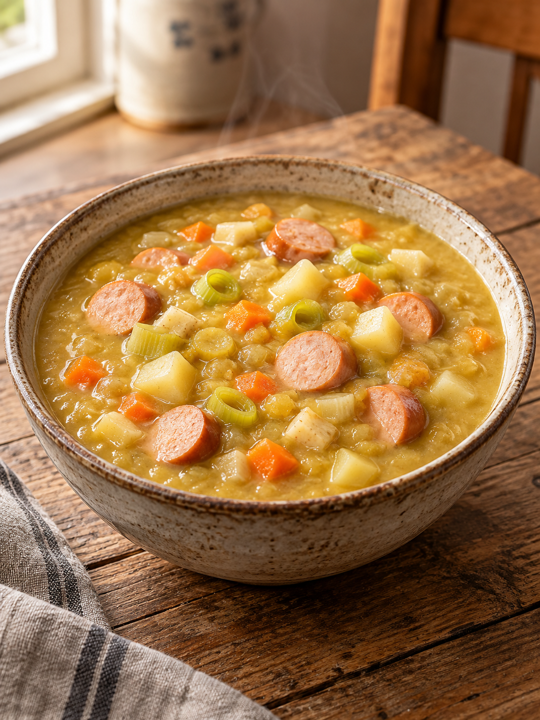 Klassische deutsche Schälerbsensuppe mit Wiener Würstchen im Hochformat