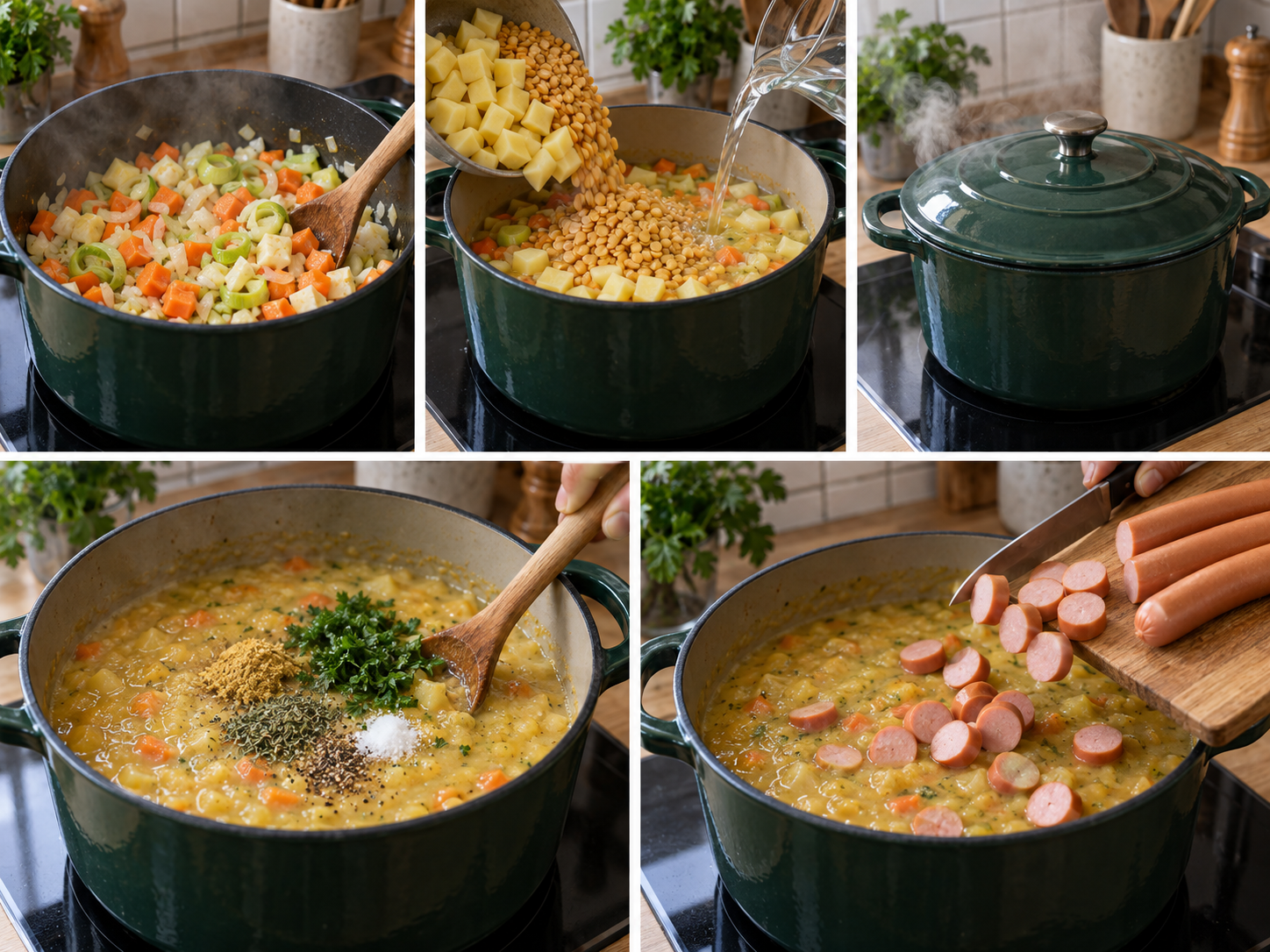 Fünf Schritte zur klassischen Schälerbsensuppe vom Anschwitzen bis zu den Würstchen