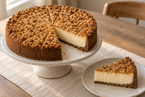 Spekulatius-Cheesecake mit gebackenen Butterbröseln in zwölf Stücken