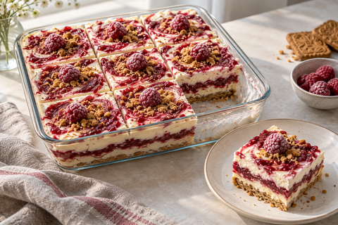 Spekulatius-Himbeer-Tiramisu in neun Portionen mit Mascarponecreme und Himbeeren