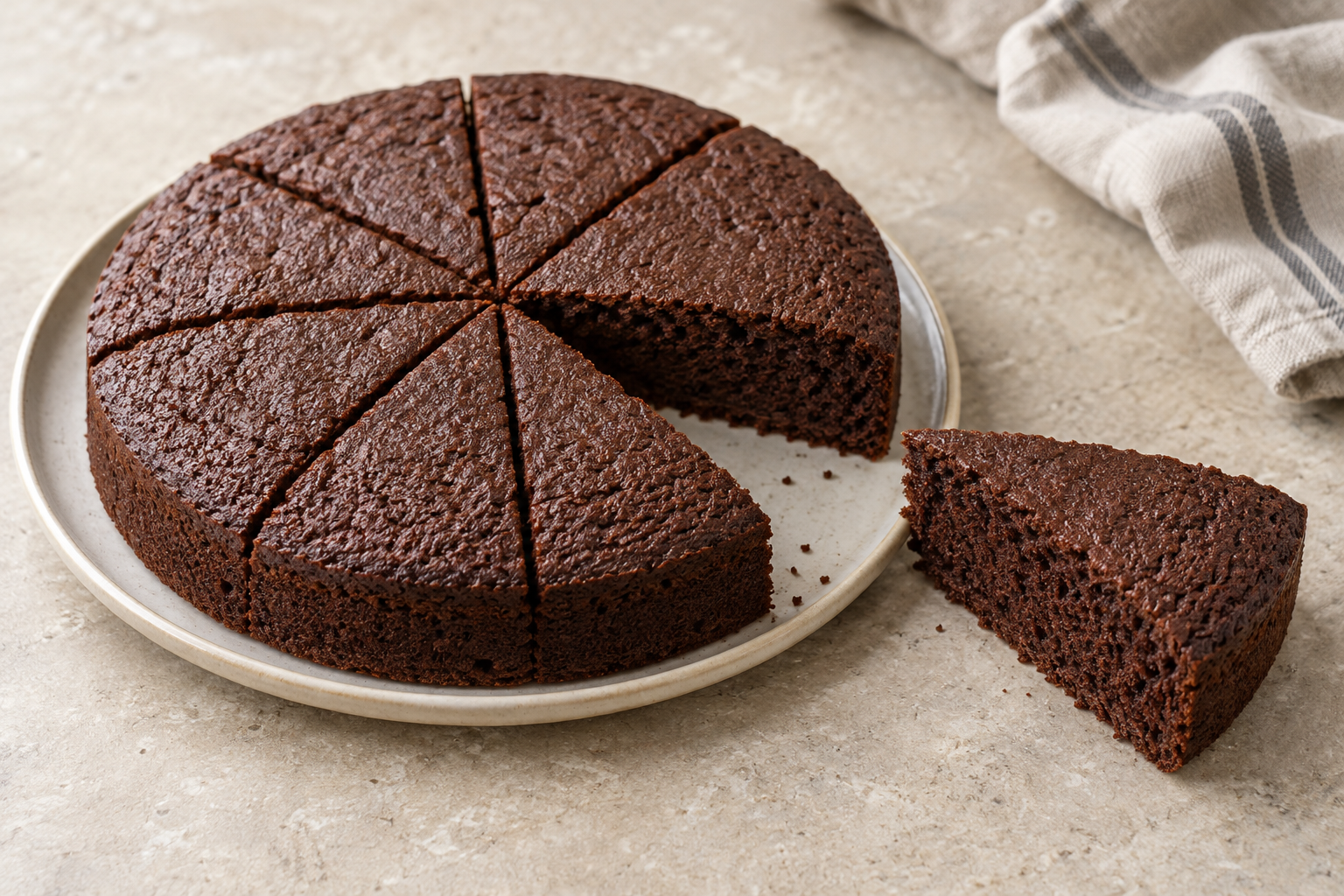 Schneller unglasierter Schokokuchen in genau acht Stücken