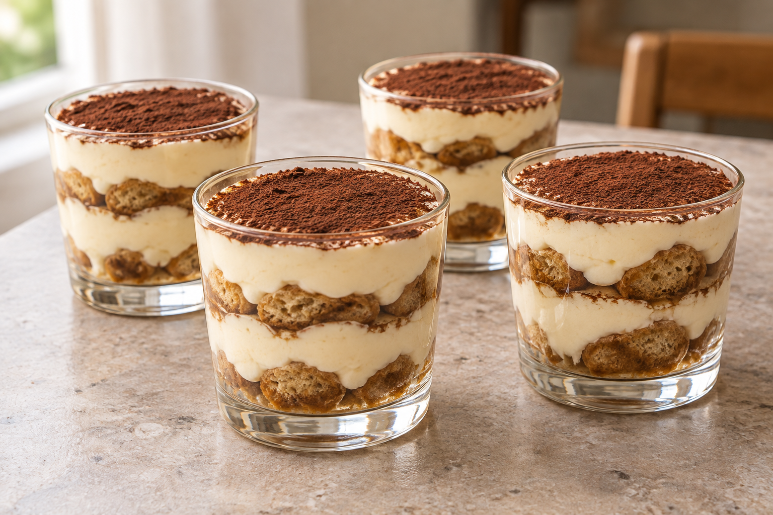 Vier Gläser Tiramisu ohne Ei mit Espresso, Amaretto und Kakao